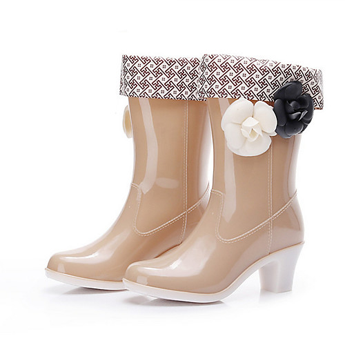 

Women's Boots Block Heel Pointed Toe PVC Mid-Calf Boots Fall Black / Beige