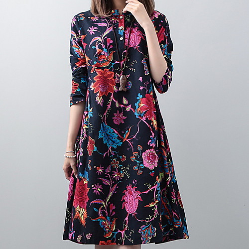 

Women's A Line Dress - Floral Green Navy Blue M L XL XXL