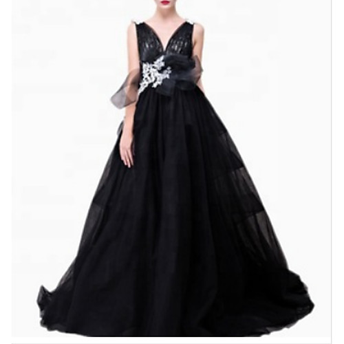 

A-Line Plunging Neck Sweep / Brush Train Polyester Elegant Prom / Formal Evening Dress 2020 with Appliques / Pleats by Lightinthebox