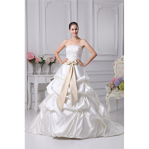 

A-Line Strapless Court Train Lace / Satin Strapless Made-To-Measure Wedding Dresses with Beading / Bow(s) / Pick Up Skirt 2020