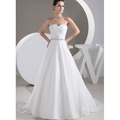 

A-Line Sweetheart Neckline Court Train Lace / Satin / Tulle Strapless Made-To-Measure Wedding Dresses with Appliques / Crystals / Sashes / Ribbons 2020