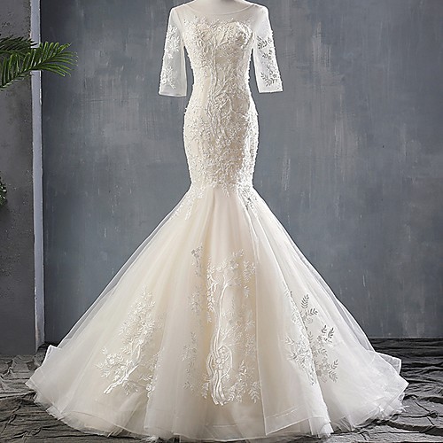 

Mermaid / Trumpet Jewel Neck Sweep / Brush Train Polyester Half Sleeve Made-To-Measure Wedding Dresses with Appliques 2020