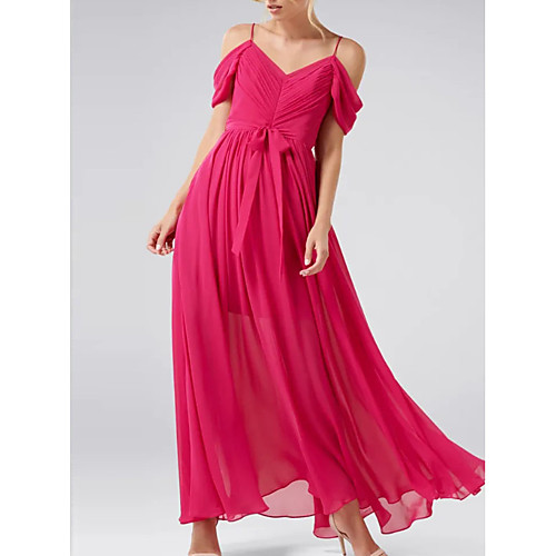 

A-Line Spaghetti Strap Ankle Length Chiffon Open Back Prom Dress 2020 with Bow(s) / Pleats by Lightinthebox
