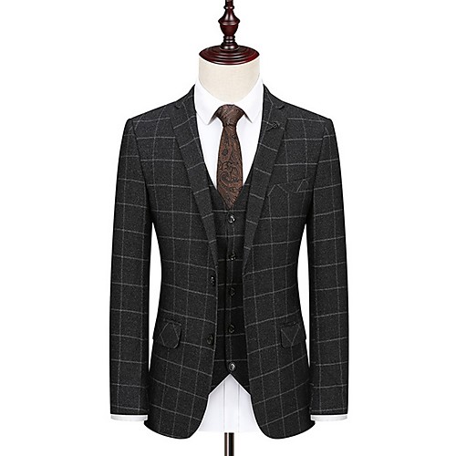 

Men's Blazer, Plaid Notch Lapel Polyester Gray