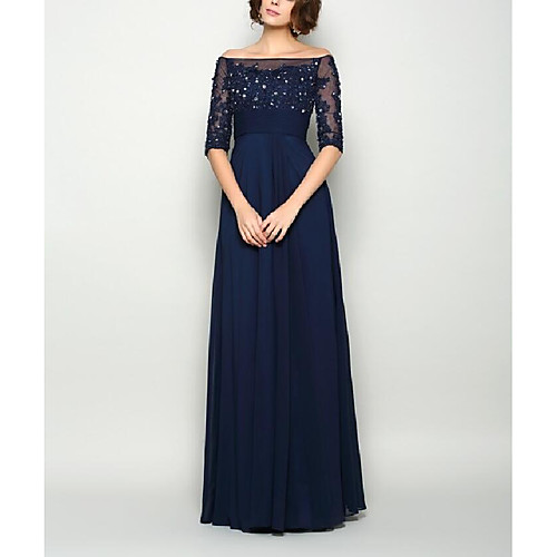 

A-Line Off Shoulder Floor Length Chiffon / Lace Half Sleeve Elegant & Luxurious Mother of the Bride Dress with Crystals / Sash / Ribbon / Pleats 2020