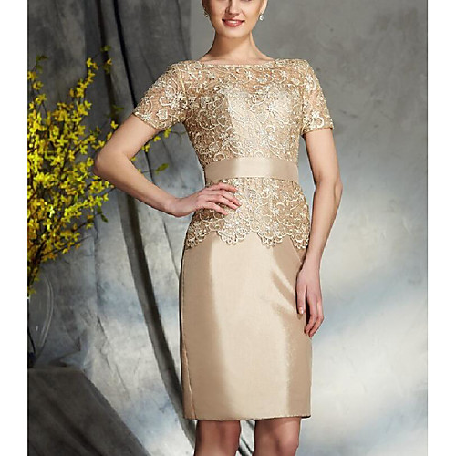 

Sheath / Column Jewel Neck Knee Length Lace / Taffeta Short Sleeve Plus Size Mother of the Bride Dress with Lace / Sash / Ribbon 2020