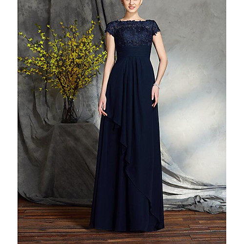

A-Line Bateau Neck Floor Length Chiffon / Lace Short Sleeve Elegant & Luxurious Mother of the Bride Dress with Sash / Ribbon / Ruffles 2020