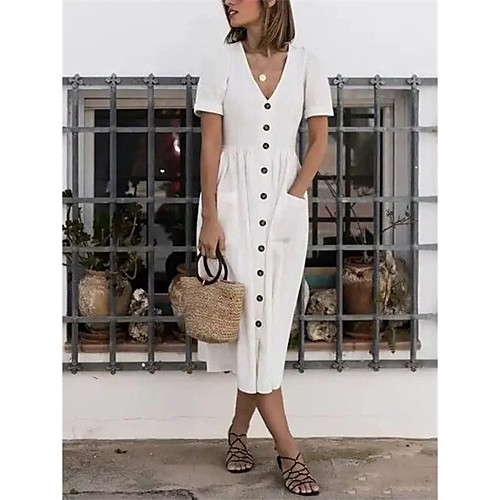 

Women's Maxi Yellow Blushing Pink Dress Spring Sheath Deep U Fashion Button S M Slim