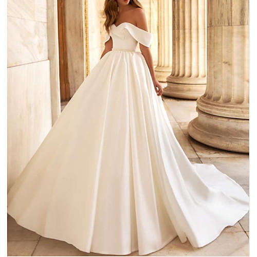 

A-Line Off Shoulder Court Train Charmeuse Short Sleeve Made-To-Measure Wedding Dresses with Draping 2020