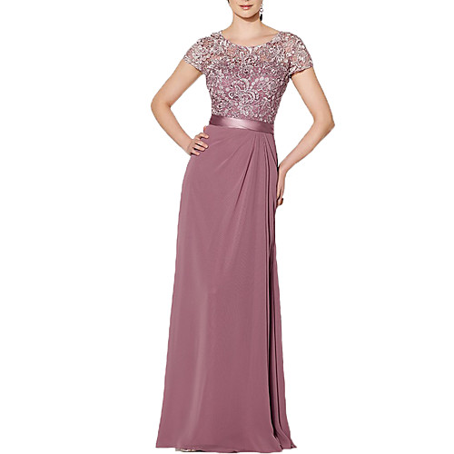 

A-Line Jewel Neck Floor Length Chiffon / Lace Formal Evening Dress with Sash / Ribbon / Pleats / Lace Insert by LAN TING Express