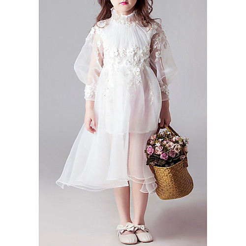 

A-Line Midi Flower Girl Dress - Tulle Long Sleeve High Neck with Beading / Appliques