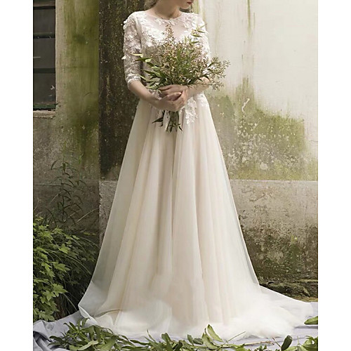 

A-Line Jewel Neck Sweep / Brush Train Tulle Half Sleeve Made-To-Measure Wedding Dresses with Beading / Appliques 2020