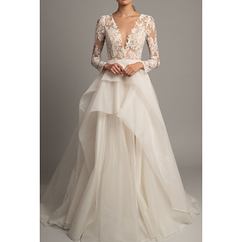 

A-Line V Neck Court Train Lace / Tulle Long Sleeve Made-To-Measure Wedding Dresses with Embroidery 2020