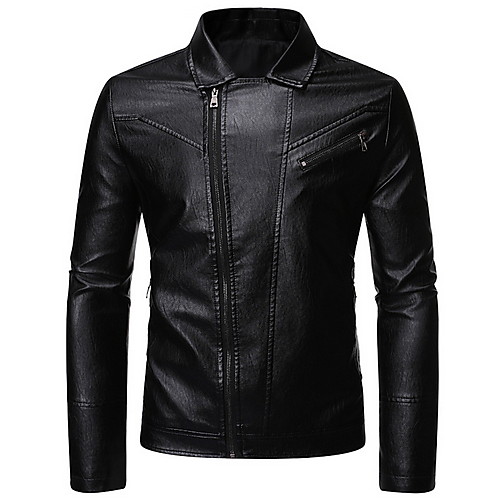 

Men's Daily Fall & Winter Regular Leather Jacket, Solid Colored V Neck Long Sleeve Polyester Black / Wine / Khaki