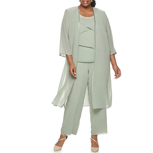 

Pantsuit / Jumpsuit Scoop Neck Ankle Length Chiffon 3/4 Length Sleeve Elegant / Plus Size Mother of the Bride Dress with Beading / Tier Mother's Day 2020