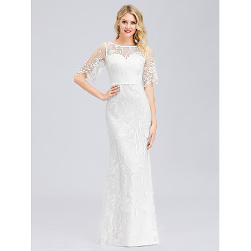 

Mermaid / Trumpet Jewel Neck Floor Length Spandex / Lace Short Sleeve Made-To-Measure Wedding Dresses with Lace 2020 / Illusion Sleeve