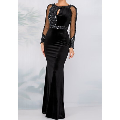 

Sheath / Column Jewel Neck Floor Length Tulle / Velvet Sparkle / Black Formal Evening / Wedding Guest Dress with Sequin / Crystals 2020