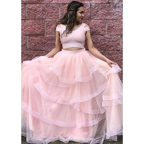 

A-Line V Neck Sweep / Brush Train Tulle / Jersey Two Piece Prom Dress 2020 with Cascading Ruffles by Lightinthebox