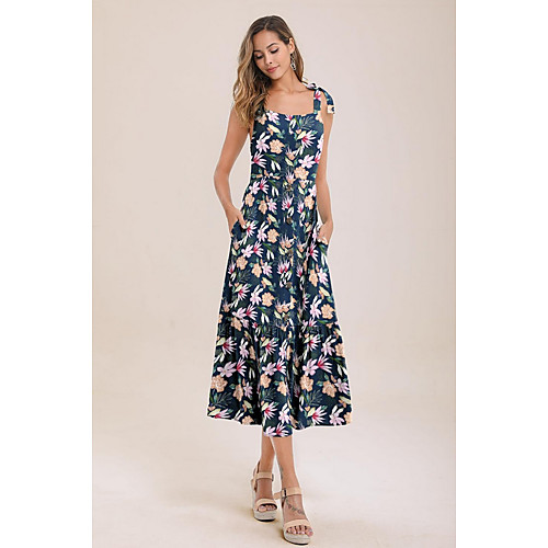 

Women's A Line Dress - Floral White Blue Green S M L XL