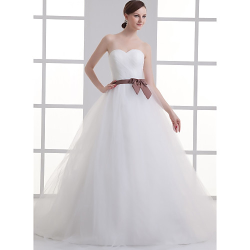 

A-Line Sweetheart Neckline Court Train Lace / Satin / Tulle Strapless Made-To-Measure Wedding Dresses with Bow(s) / Draping / Sashes / Ribbons 2020