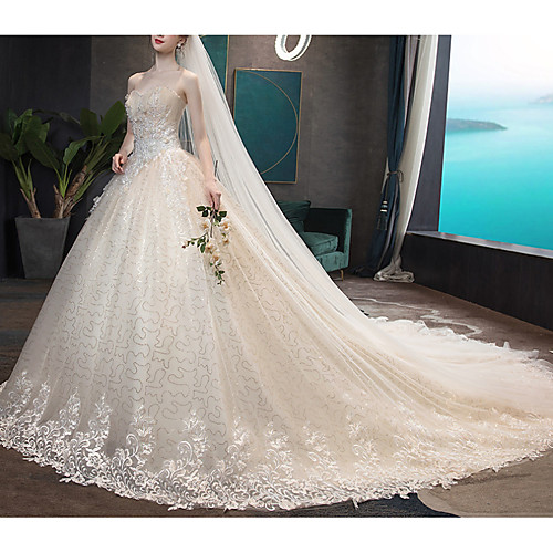 

A-Line Sweetheart Neckline Chapel Train Tulle Strapless Made-To-Measure Wedding Dresses with Beading / Appliques 2020