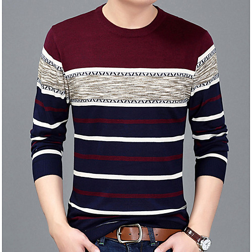 

Men's Striped Graphic T-shirt Daily Round Neck Wine / Orange / Blue / Long Sleeve