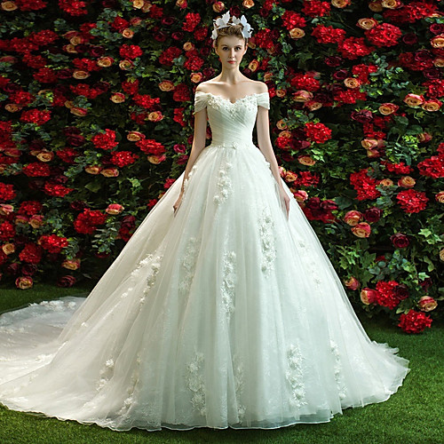 

A-Line / Ball Gown Off Shoulder Chapel Train Lace / Tulle Short Sleeve Made-To-Measure Wedding Dresses with Appliques 2020