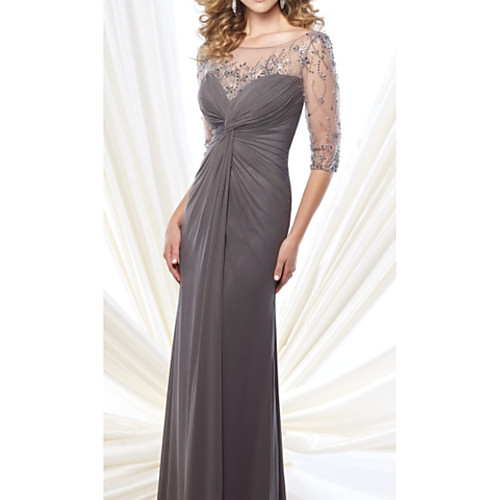 

Sheath / Column Jewel Neck Floor Length Chiffon / Tulle 3/4 Length Sleeve Elegant & Luxurious Mother of the Bride Dress with Beading / Ruching 2020