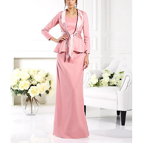 

A-Line / Two Piece Scoop Neck Floor Length Stretch Satin 3/4 Length Sleeve Wrap Included Mother of the Bride Dress with Sash / Ribbon 2020