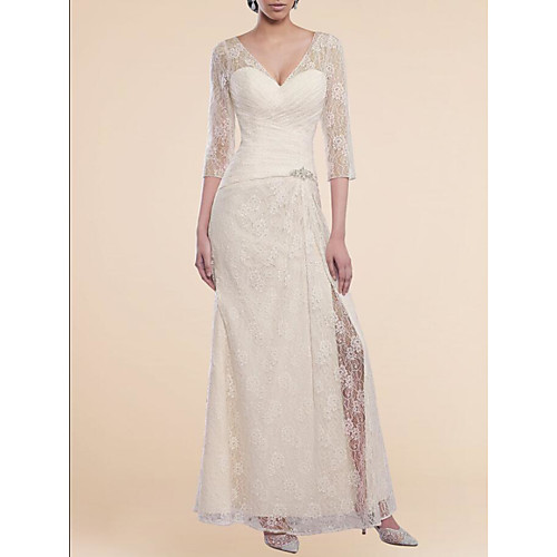 

A-Line Plunging Neck Ankle Length Lace / Charmeuse Formal Evening Dress with Split Front / Crystal Brooch / Ruched by LAN TING Express