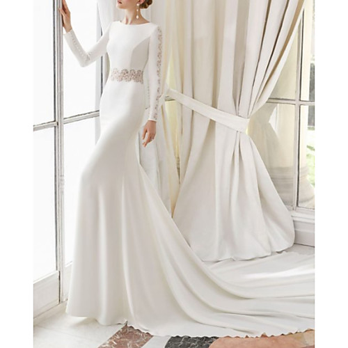 

Sheath / Column Jewel Neck Court Train Satin Long Sleeve Made-To-Measure Wedding Dresses with Lace Insert 2020