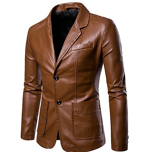 

Men's Daily Fall & Winter Regular Leather Jacket, Solid Colored Turndown Long Sleeve PU Black / Wine / Yellow