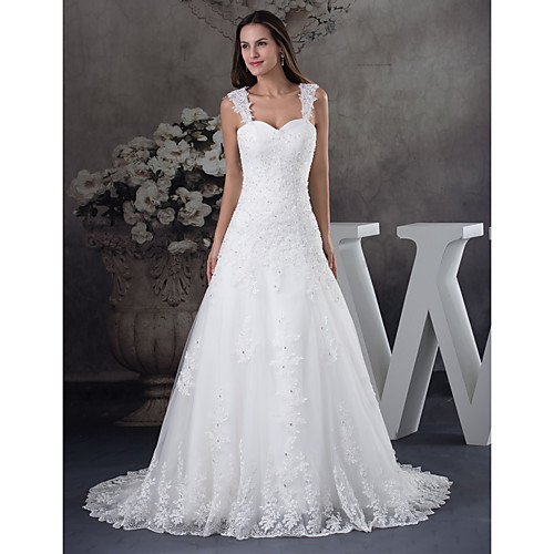 

A-Line Sweetheart Neckline Chapel Train Lace / Tulle Spaghetti Strap Made-To-Measure Wedding Dresses with Beading / Appliques 2020