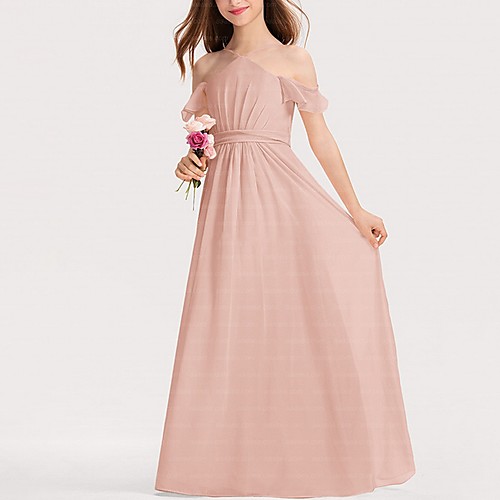 

A-Line Floor Length Flower Girl Dress - Polyester Short Sleeve Spaghetti Strap with Bow(s)