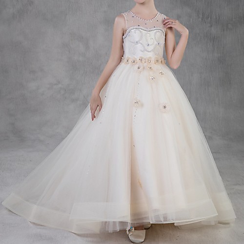 

Ball Gown Sweep / Brush Train Flower Girl Dress - Polyester Sleeveless Jewel Neck with Crystals