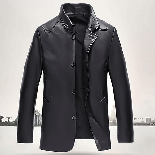 

Men's Daily Fall & Winter Regular Leather Jacket, Solid Colored Round Neck Long Sleeve PU Black / Khaki