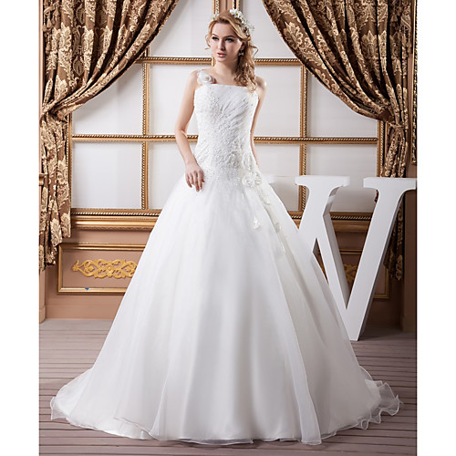 

Ball Gown Square Neck Court Train Organza / Satin Spaghetti Strap Made-To-Measure Wedding Dresses with Beading / Ruched 2020