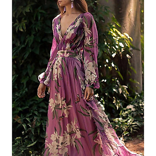 

Жен. Элегантный стиль С летящей юбкой Платье - Цветочный принт, Цветочный стиль Глубокий V-образный вырез Макси