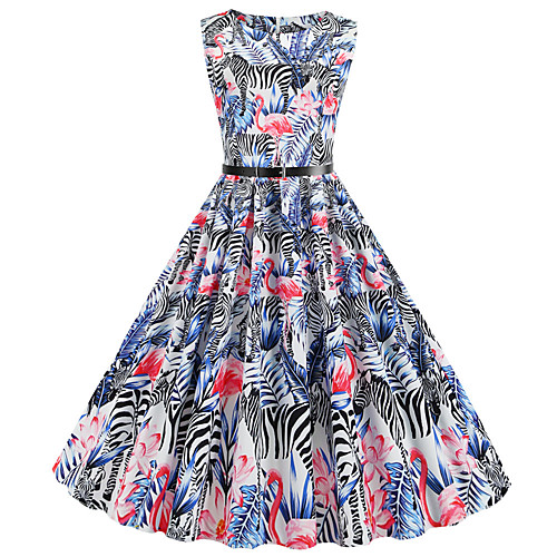 

Women's Daily Dress Vintage Basic Swing Dress - Floral Animal Flamingos, Print Rainbow S M L XL
