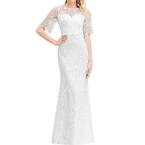 

Sheath / Column Jewel Neck Floor Length Polyester Short Sleeve Made-To-Measure Wedding Dresses with Lace Insert 2020