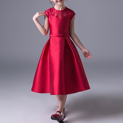 

A-Line Jewel Neck Ankle Length Poly&Cotton Blend Junior Bridesmaid Dress with Lace
