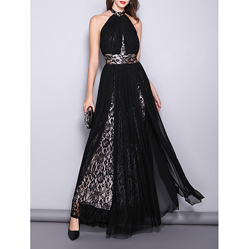 

A-Line Halter Neck Floor Length Polyester Bridesmaid Dress with Tier