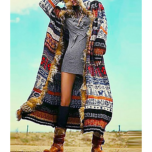 

Women's Daily Fall & Winter Regular Coat, Geometric Hooded Long Sleeve Polyester Rainbow