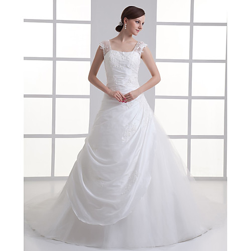 

A-Line Square Neck Court Train Taffeta / Tulle Regular Straps Made-To-Measure Wedding Dresses with Beading / Appliques / Buttons 2020