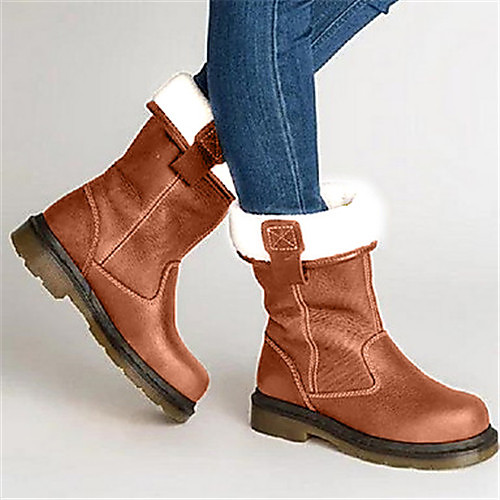 

Women's Boots Flat Heel Round Toe PU Mid-Calf Boots Fall & Winter Brown