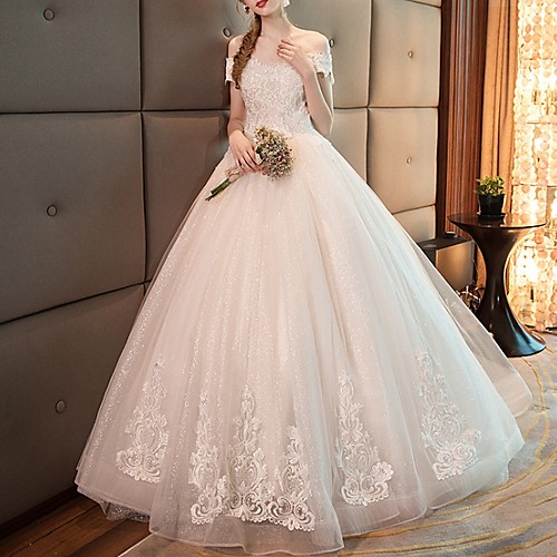 

Ball Gown Off Shoulder Floor Length Polyester Short Sleeve Made-To-Measure Wedding Dresses with Beading / Appliques 2020