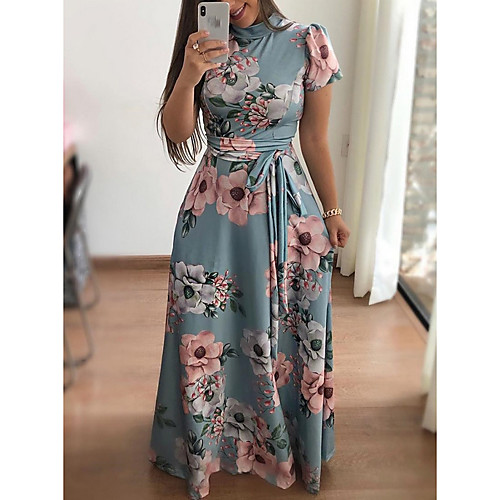 

Women's Maxi Black Navy Blue Dress Elegant Holiday Vacation A Line Floral Print Turtleneck Print S M