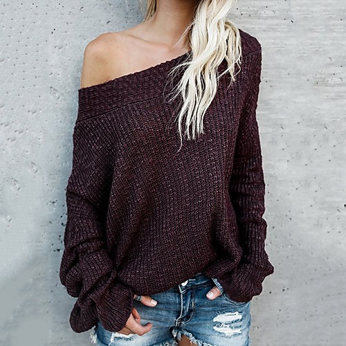 

Women's Solid Colored Long Sleeve Pullover Sweater Jumper, Off Shoulder Black / Wine / White S / M / L