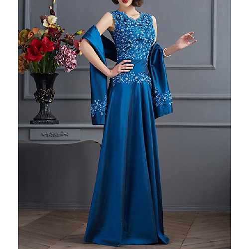 

A-Line / Two Piece V Neck Floor Length Chiffon / Lace Short Sleeve Wrap Included Mother of the Bride Dress with Sash / Ribbon / Ruching 2020