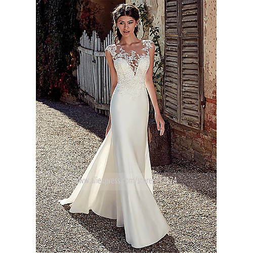 

A-Line Bateau Neck Court Train Chiffon / Lace / Tulle Cap Sleeve Illusion Detail / Backless Wedding Dresses with Lace / Appliques 2020